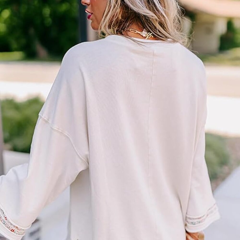 Boho Floral Print Peace Patch Color Block Top - image 4